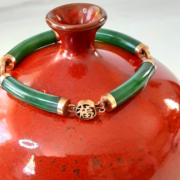 Jewelry - VTG NEPHRITE JADE 14KT TUBULAR LINK BRACELET SZ 8"